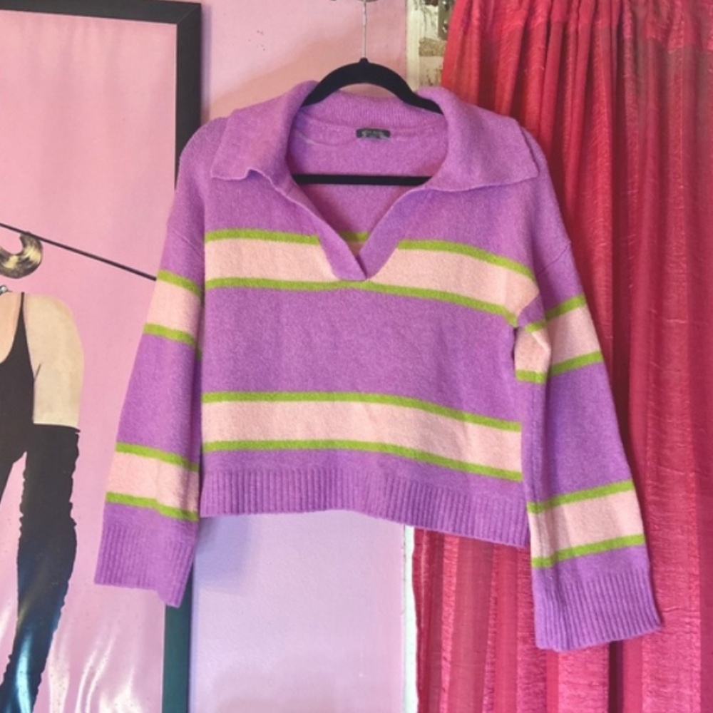 Wild Fable Cropped Orchid Striped V Neck Lightweight Pullover Sweater Women’s Sm - Picture 1 of 5